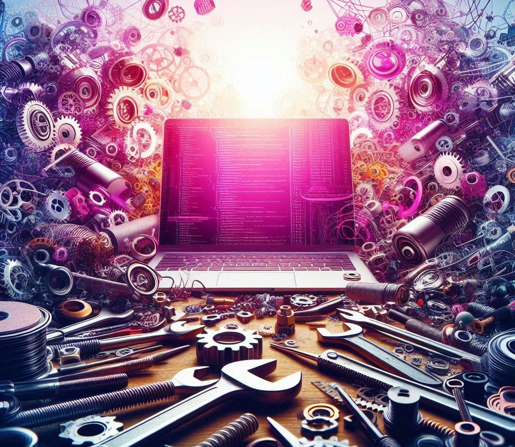 AI generated image laptop and tools symbolising AWS Lambda and Node.js 18 deprecation