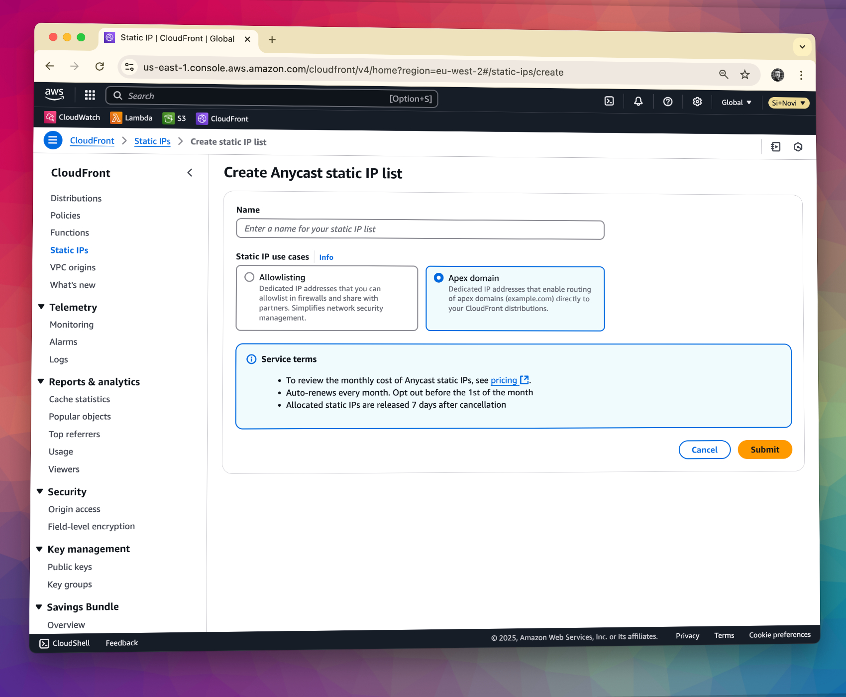 AWS Console showing creating an CloudFront Anycast Static IPs List