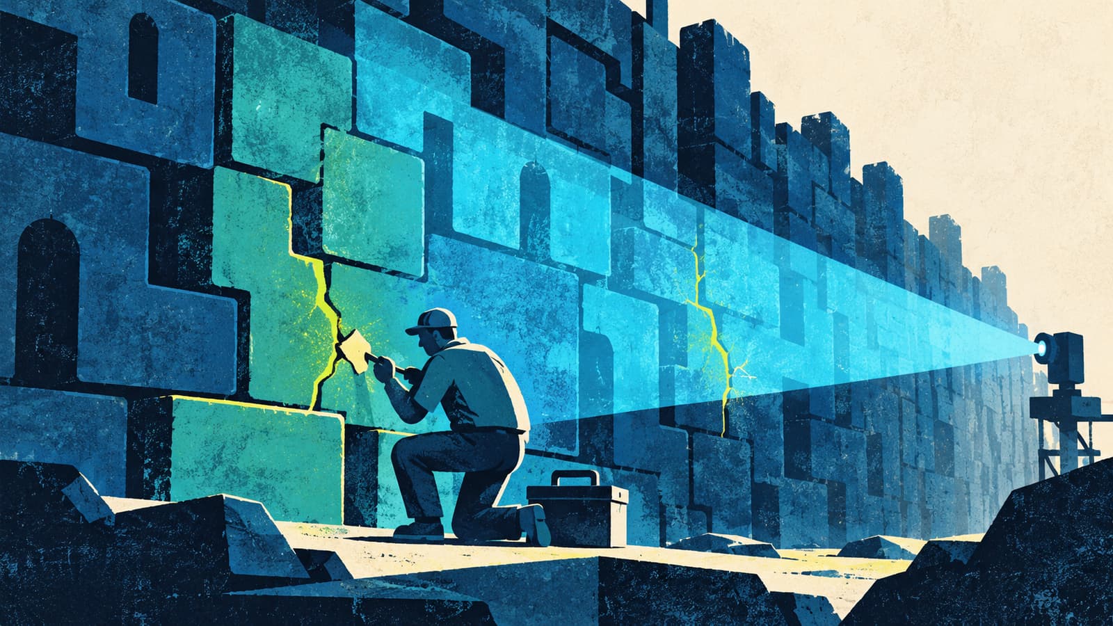 A beam of cyan light sweeps along an old wall of interlocking stone blocks, lighting up glowing lime-green cracks, while a kneeling worker beside a toolbox repairs one of them.